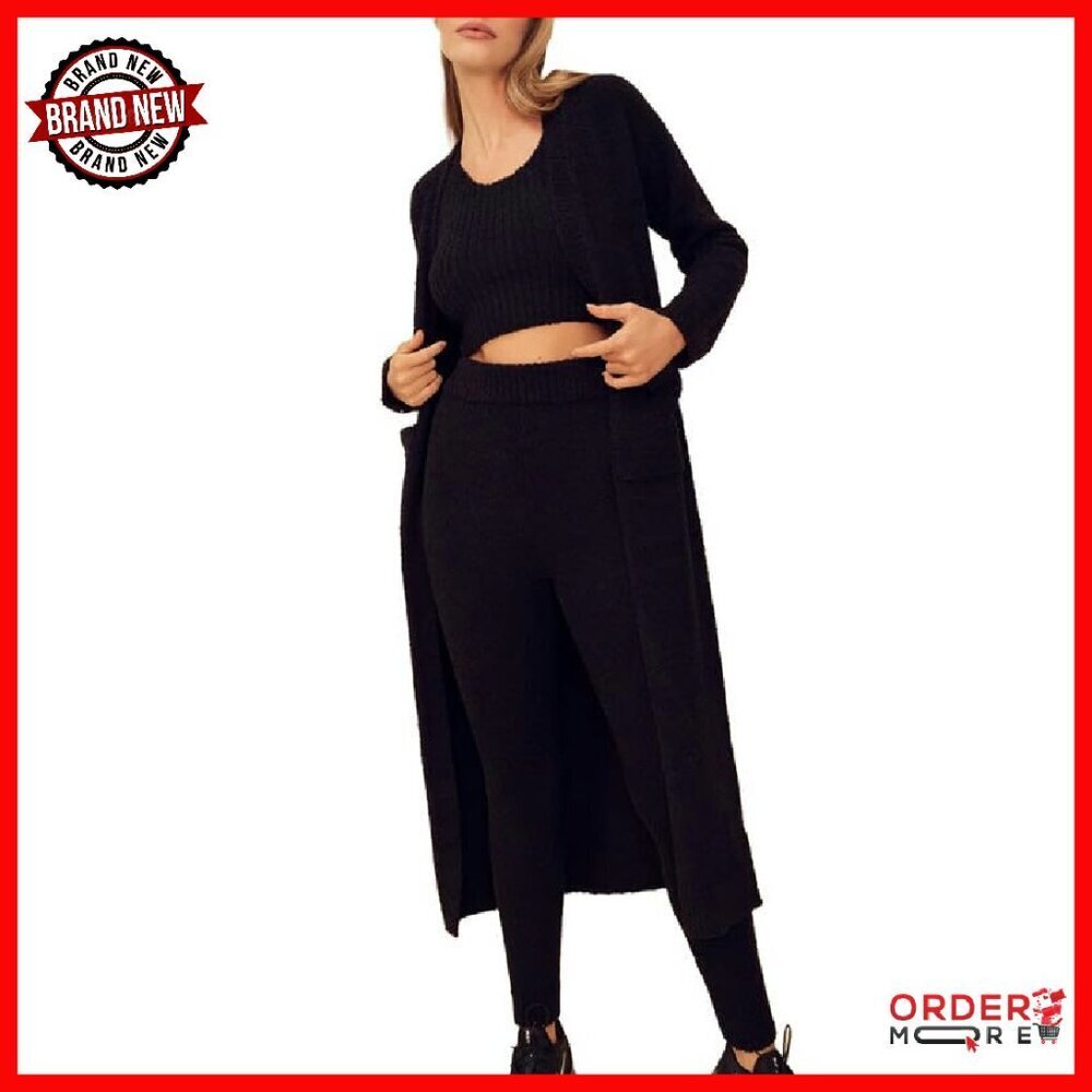 Soft Fuzzy Lounge Set with Cardigan & Pockets - 3 Piece Cozy Outfit